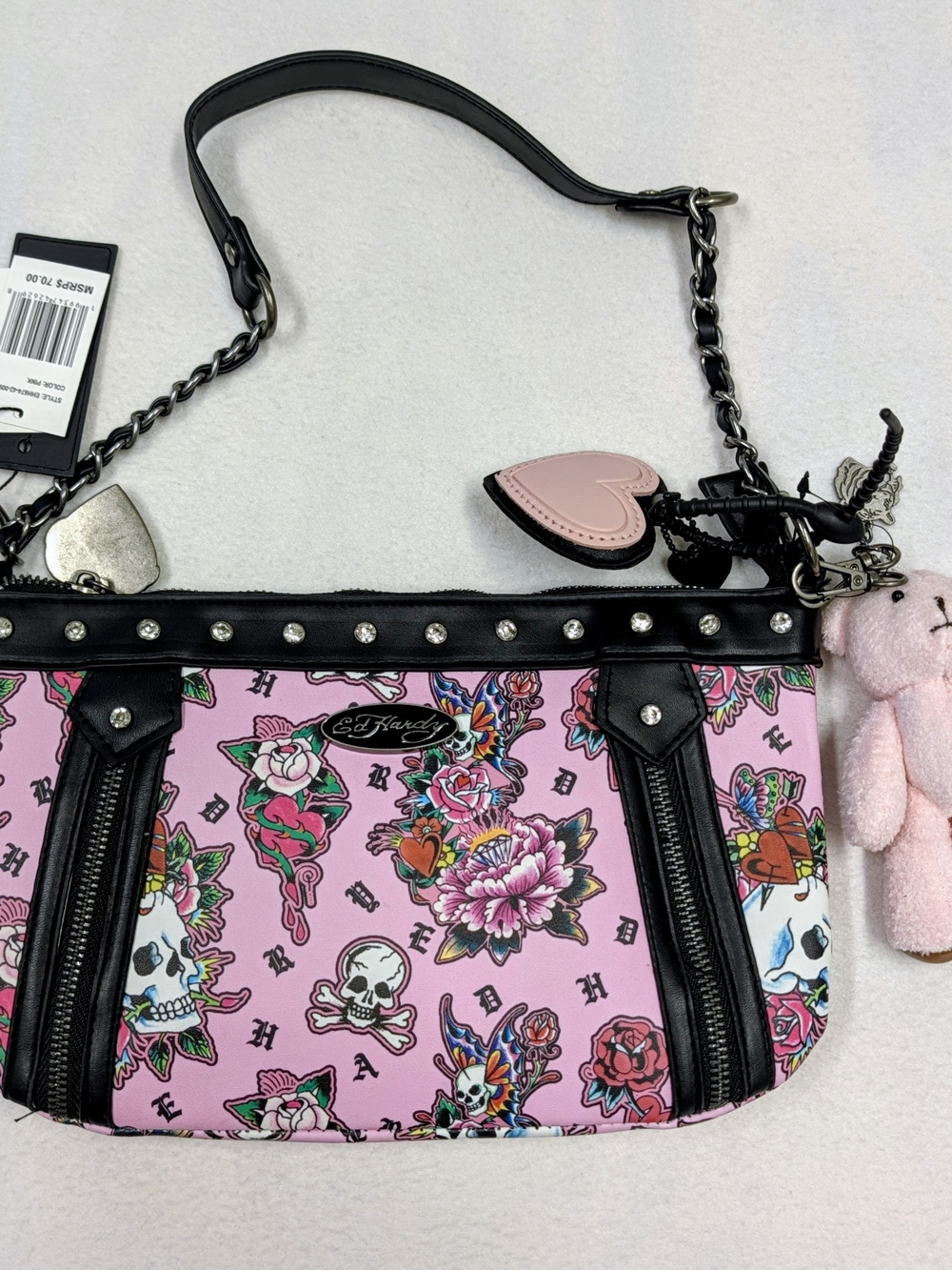 Ed Hardy Pink Skull Rose Floral Shoulder Bag Purse Crossbody Chain Strap NWT